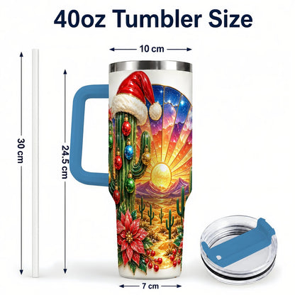 #pl[40oz|Blue] Santa Cactus 40oz Tumbler with Handle, Desert Sunset Art