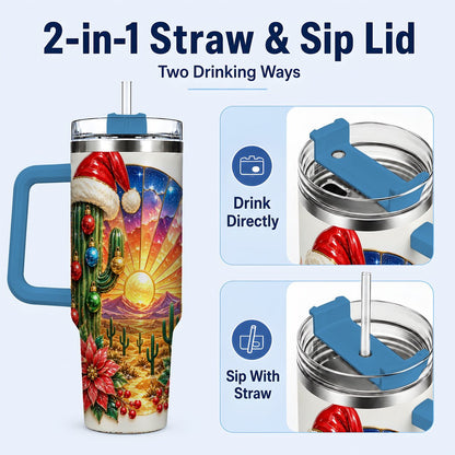 #pl[40oz|Blue] Santa Cactus 40oz Tumbler with Handle, Desert Sunset Art