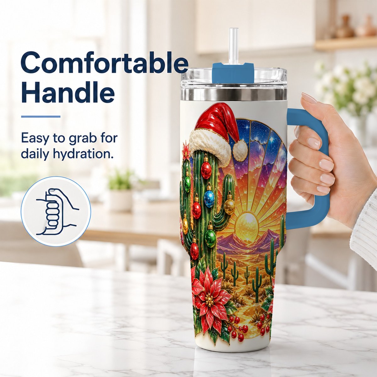 #pl[40oz|Blue] Santa Cactus 40oz Tumbler with Handle, Desert Sunset Art