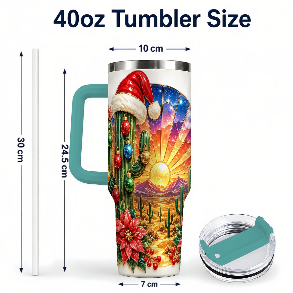 #pl[40oz|Green] Santa Cactus 40oz Tumbler with Handle, Desert Sunset Art