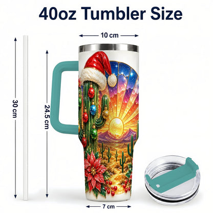#pl[40oz|Green] Santa Cactus 40oz Tumbler with Handle, Desert Sunset Art