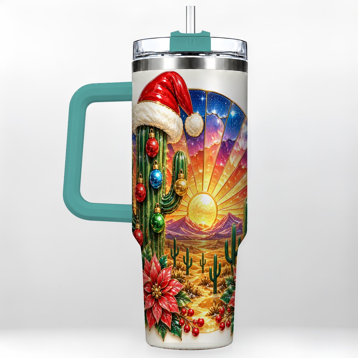 #pl[40oz|Green] Santa Cactus 40oz Tumbler with Handle, Desert Sunset Art