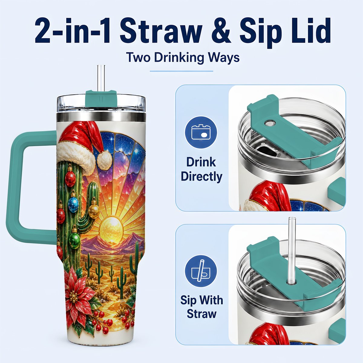 #pl[40oz|Green] Santa Cactus 40oz Tumbler with Handle, Desert Sunset Art
