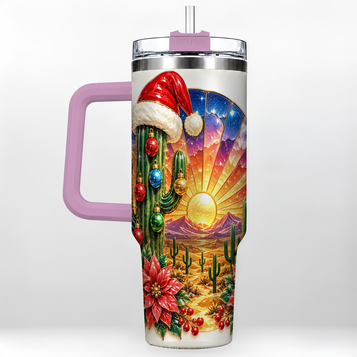 #pl[40oz|Pink] Santa Cactus 40oz Tumbler with Handle, Desert Sunset Art