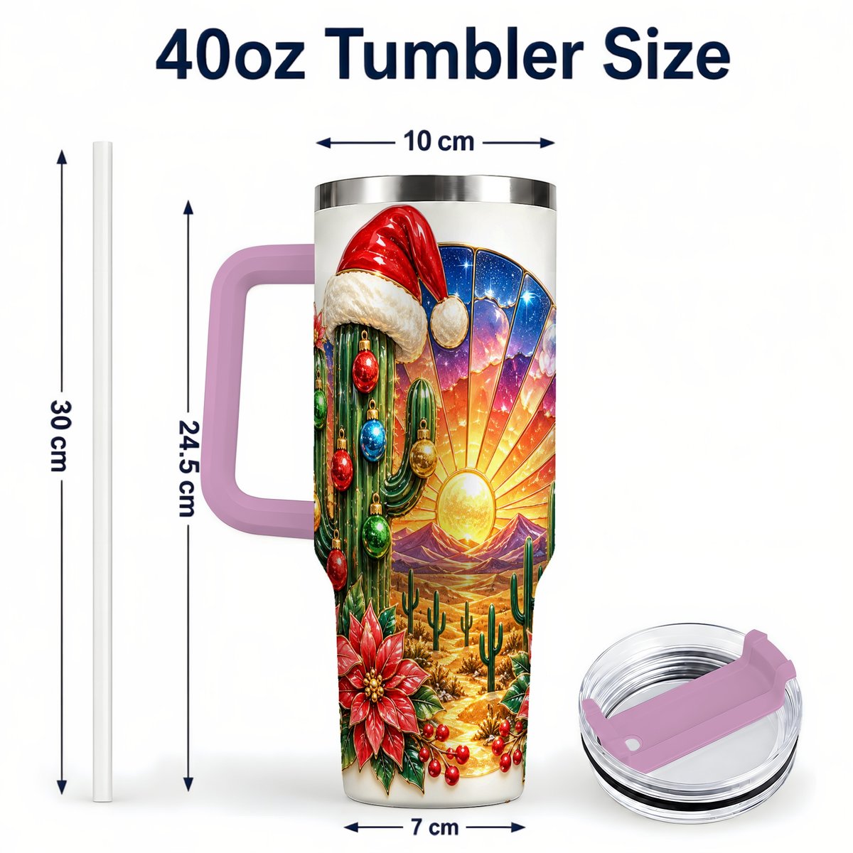 #pl[40oz|Pink] Santa Cactus 40oz Tumbler with Handle, Desert Sunset Art