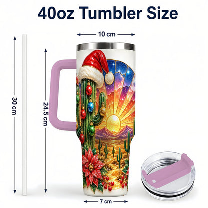 #pl[40oz|Pink] Santa Cactus 40oz Tumbler with Handle, Desert Sunset Art