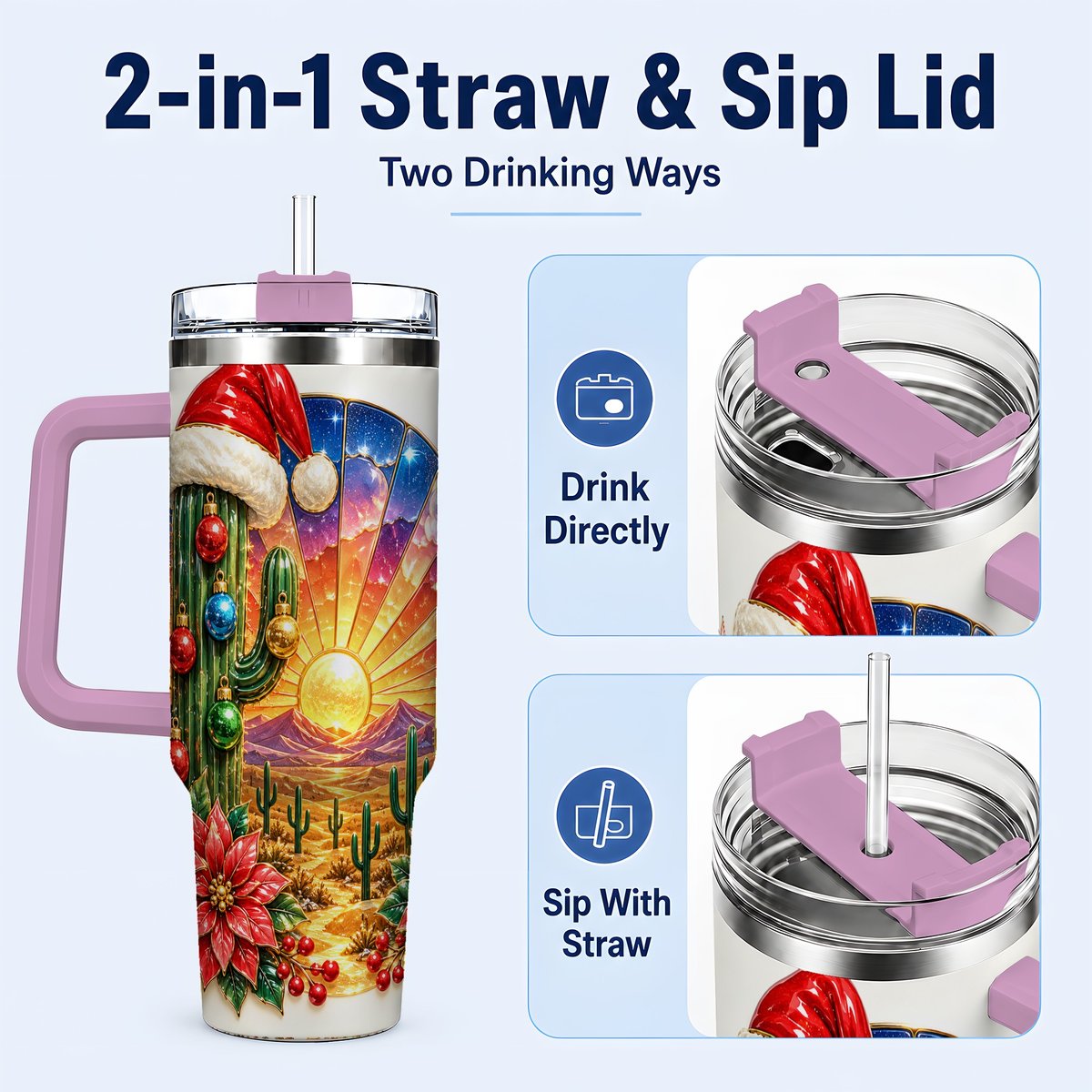 #pl[40oz|Pink] Santa Cactus 40oz Tumbler with Handle, Desert Sunset Art