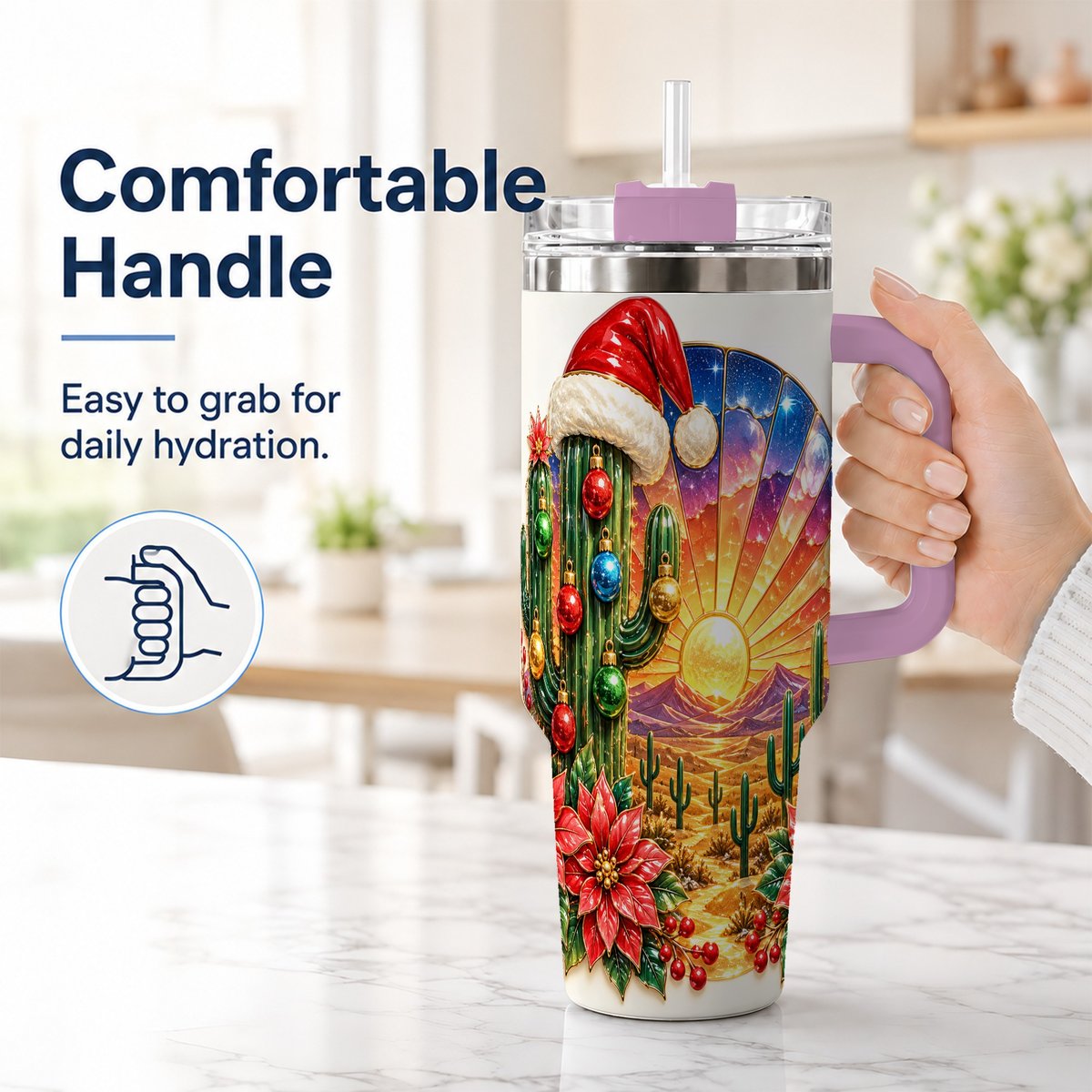 #pl[40oz|Pink] Santa Cactus 40oz Tumbler with Handle, Desert Sunset Art