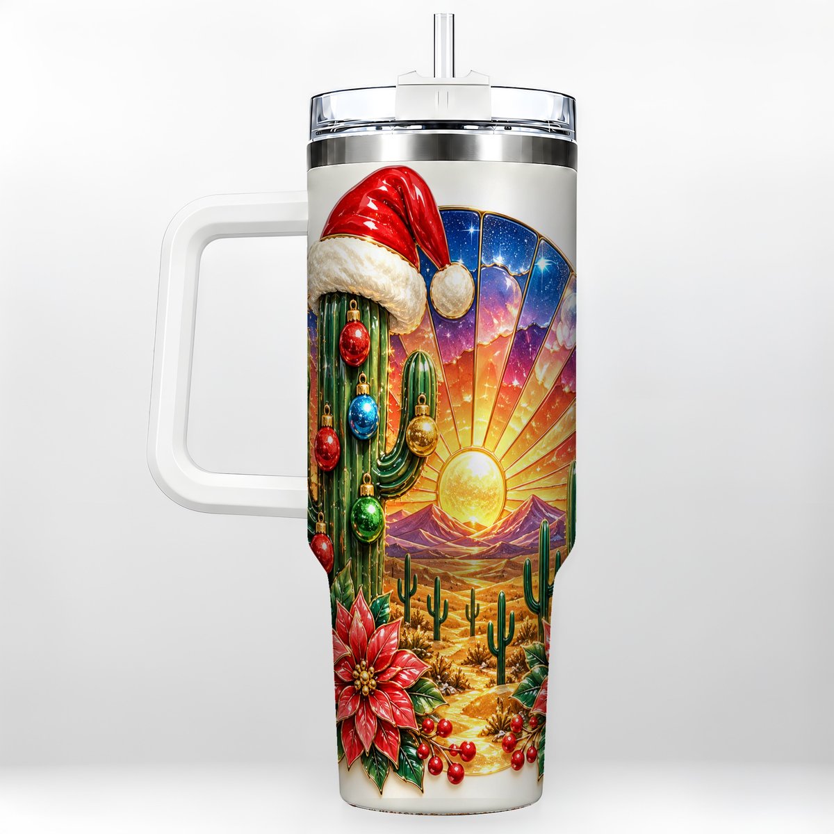 Santa Cactus 40oz Tumbler with Handle, Desert Sunset Art