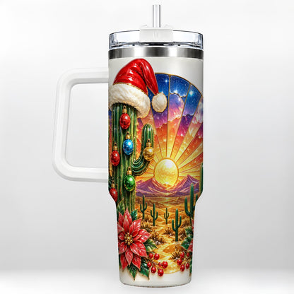 Santa Cactus 40oz Tumbler with Handle, Desert Sunset Art