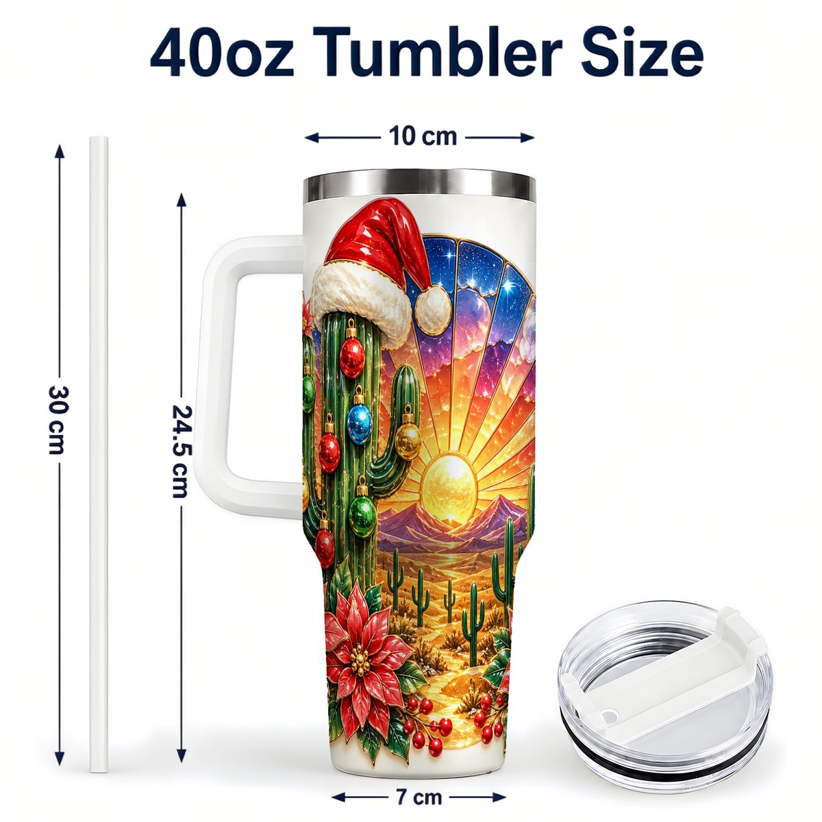 #pl[40oz|White] Santa Cactus 40oz Tumbler with Handle, Desert Sunset Art