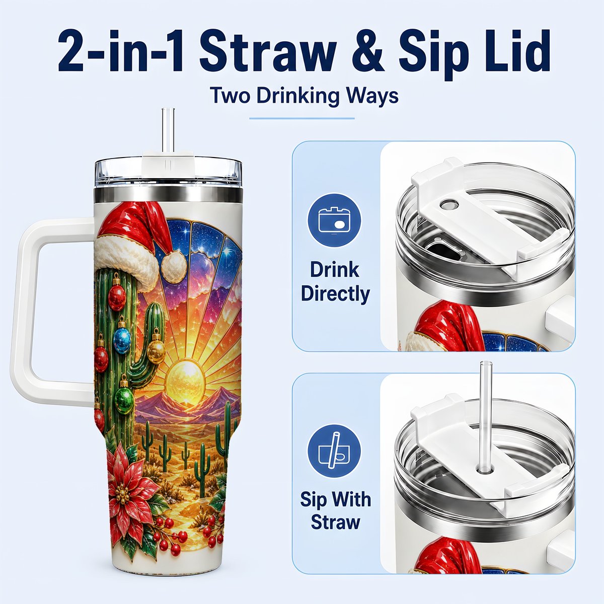 #pl[40oz|White] Santa Cactus 40oz Tumbler with Handle, Desert Sunset Art