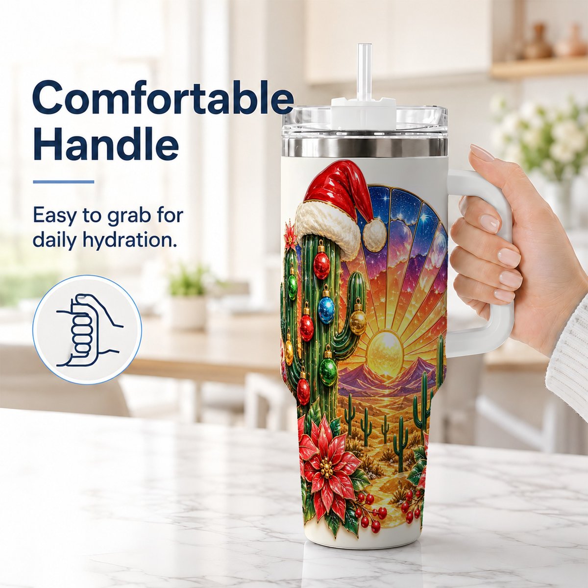 #pl[40oz|White] Santa Cactus 40oz Tumbler with Handle, Desert Sunset Art