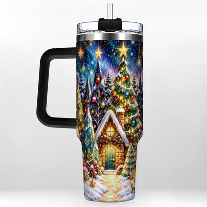 #pl[40oz|Black] Christmas Forest 40oz Tumbler with Handle, Snowy Cottage Art