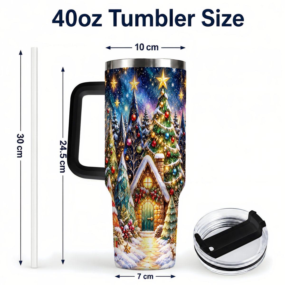 #pl[40oz|Black] Christmas Forest 40oz Tumbler with Handle, Snowy Cottage Art