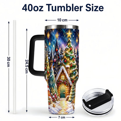 #pl[40oz|Black] Christmas Forest 40oz Tumbler with Handle, Snowy Cottage Art