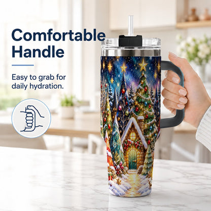 #pl[40oz|Black] Christmas Forest 40oz Tumbler with Handle, Snowy Cottage Art