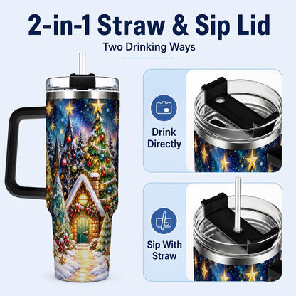 #pl[40oz|Black] Christmas Forest 40oz Tumbler with Handle, Snowy Cottage Art