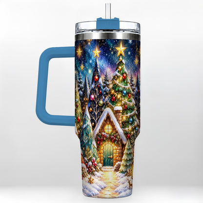 #pl[40oz|Blue] Christmas Forest 40oz Tumbler with Handle, Snowy Cottage Art
