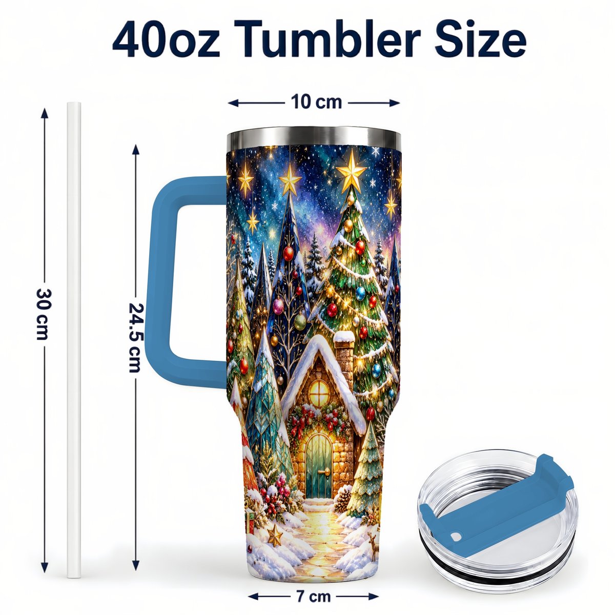 #pl[40oz|Blue] Christmas Forest 40oz Tumbler with Handle, Snowy Cottage Art