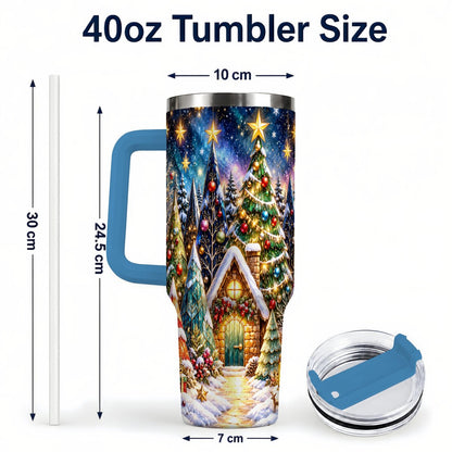 #pl[40oz|Blue] Christmas Forest 40oz Tumbler with Handle, Snowy Cottage Art