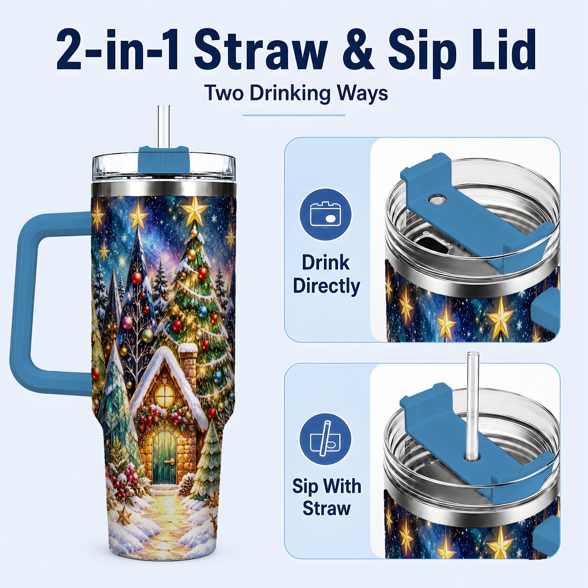 #pl[40oz|Blue] Christmas Forest 40oz Tumbler with Handle, Snowy Cottage Art