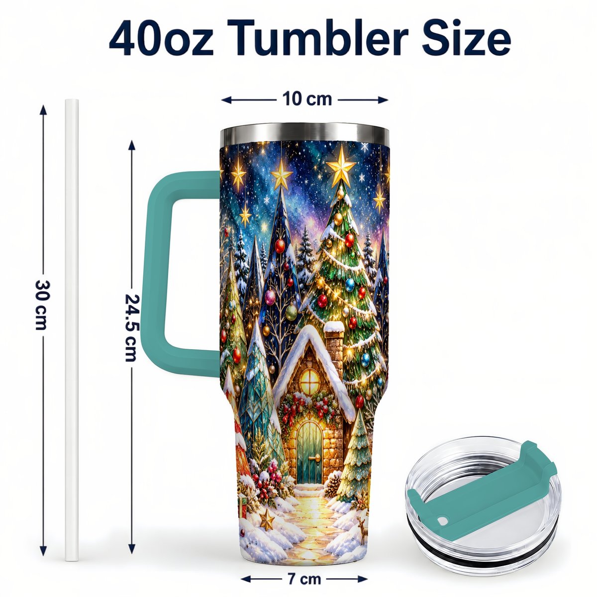 #pl[40oz|Green] Christmas Forest 40oz Tumbler with Handle, Snowy Cottage Art