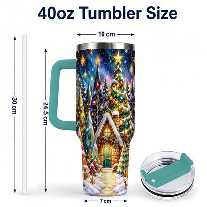 #pl[40oz|Green] Christmas Forest 40oz Tumbler with Handle, Snowy Cottage Art