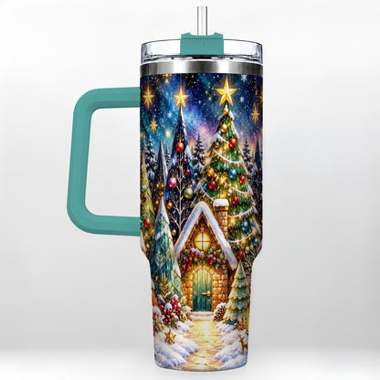 #pl[40oz|Green] Christmas Forest 40oz Tumbler with Handle, Snowy Cottage Art
