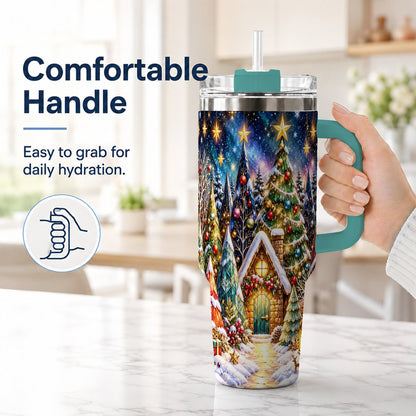 #pl[40oz|Green] Christmas Forest 40oz Tumbler with Handle, Snowy Cottage Art