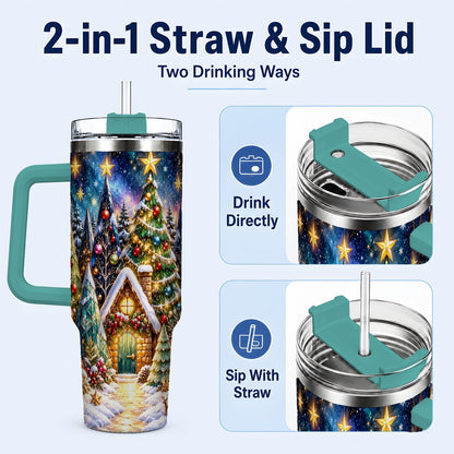 #pl[40oz|Green] Christmas Forest 40oz Tumbler with Handle, Snowy Cottage Art