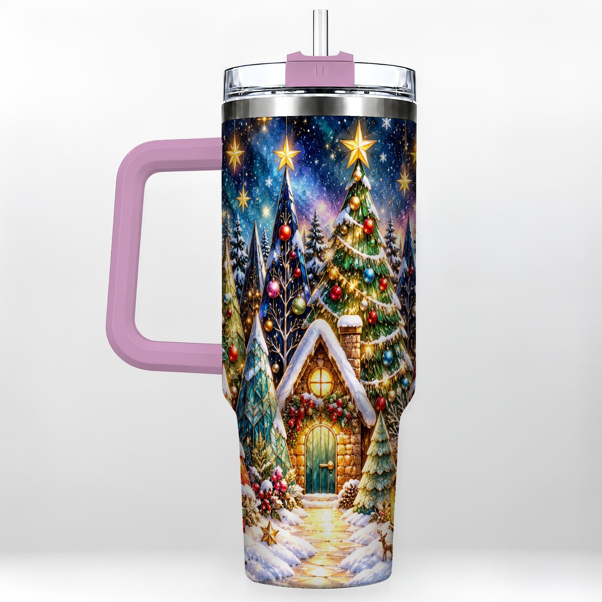#pl[40oz|Pink] Christmas Forest 40oz Tumbler with Handle, Snowy Cottage Art