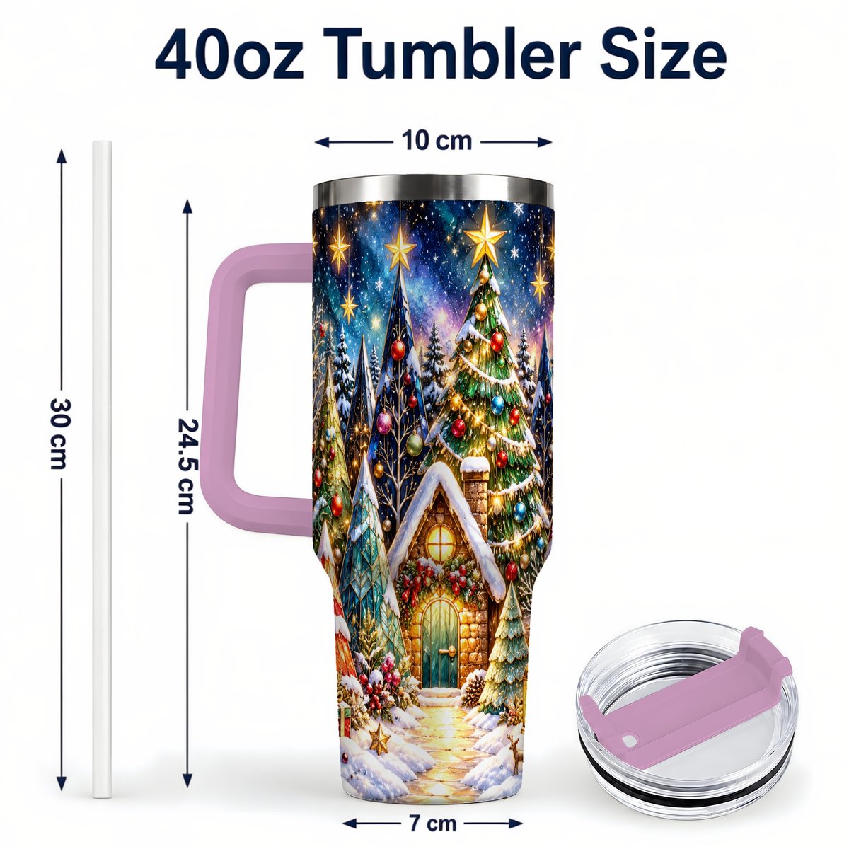 #pl[40oz|Pink] Christmas Forest 40oz Tumbler with Handle, Snowy Cottage Art