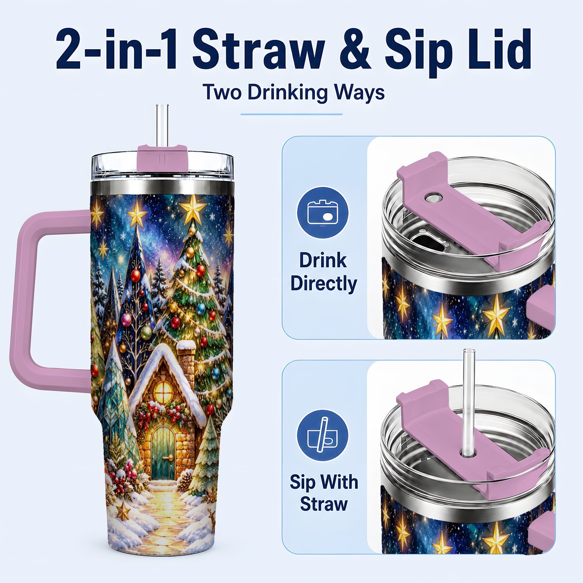 #pl[40oz|Pink] Christmas Forest 40oz Tumbler with Handle, Snowy Cottage Art