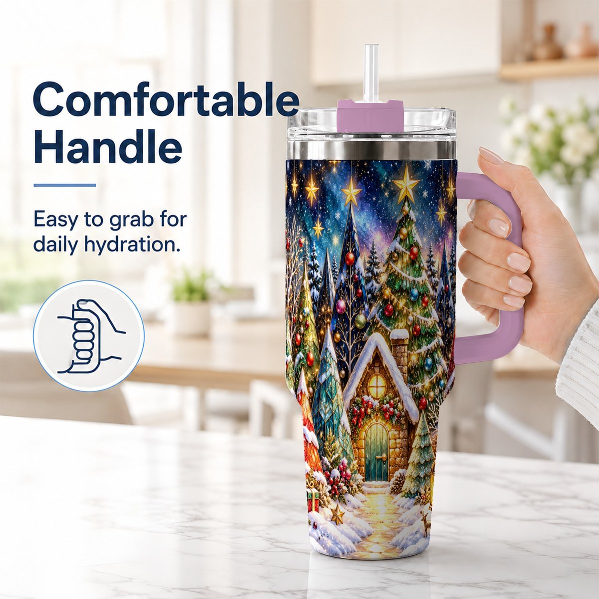 #pl[40oz|Pink] Christmas Forest 40oz Tumbler with Handle, Snowy Cottage Art