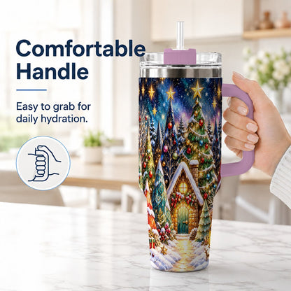 #pl[40oz|Pink] Christmas Forest 40oz Tumbler with Handle, Snowy Cottage Art