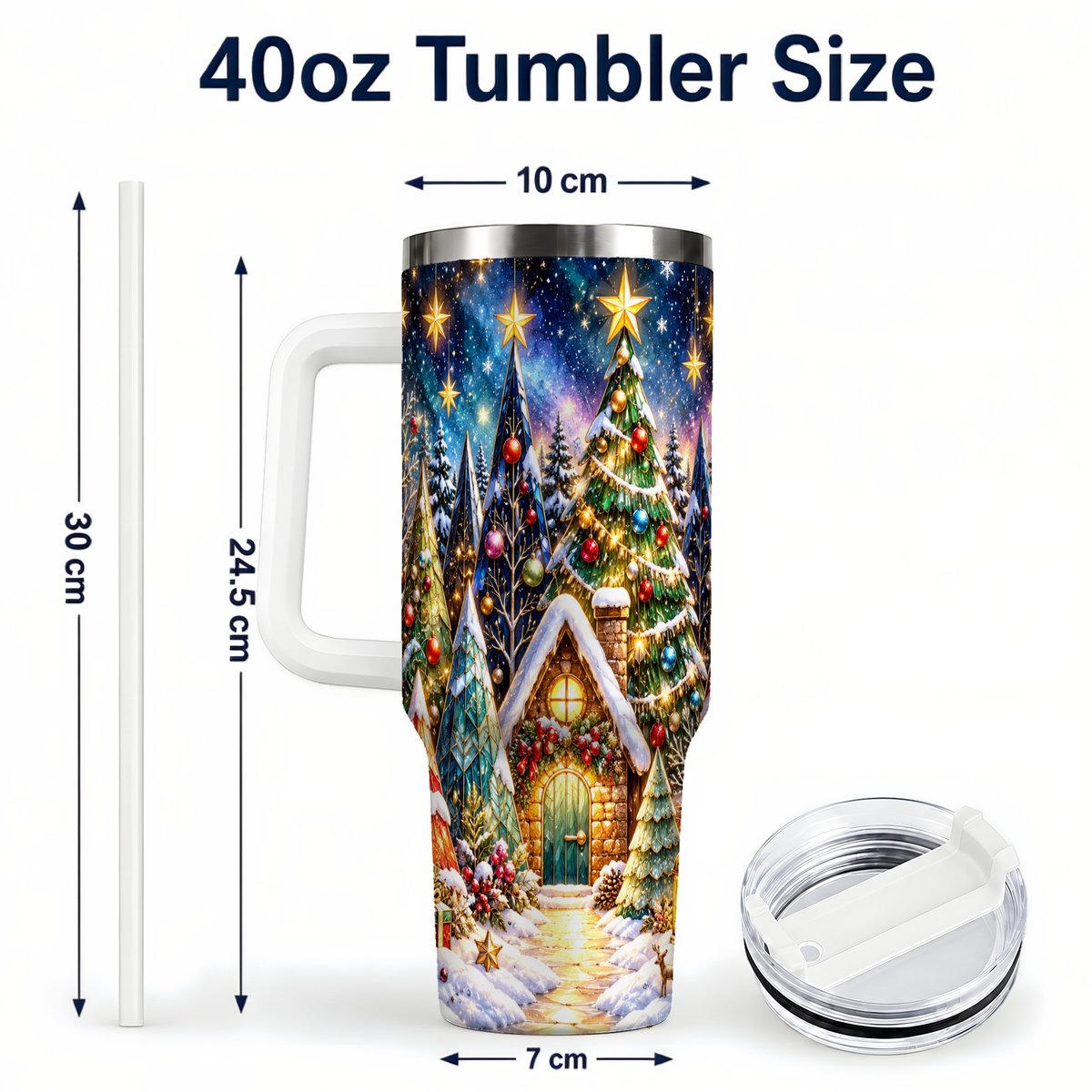 #pl[40oz|White] Christmas Forest 40oz Tumbler with Handle, Snowy Cottage Art