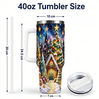 #pl[40oz|White] Christmas Forest 40oz Tumbler with Handle, Snowy Cottage Art
