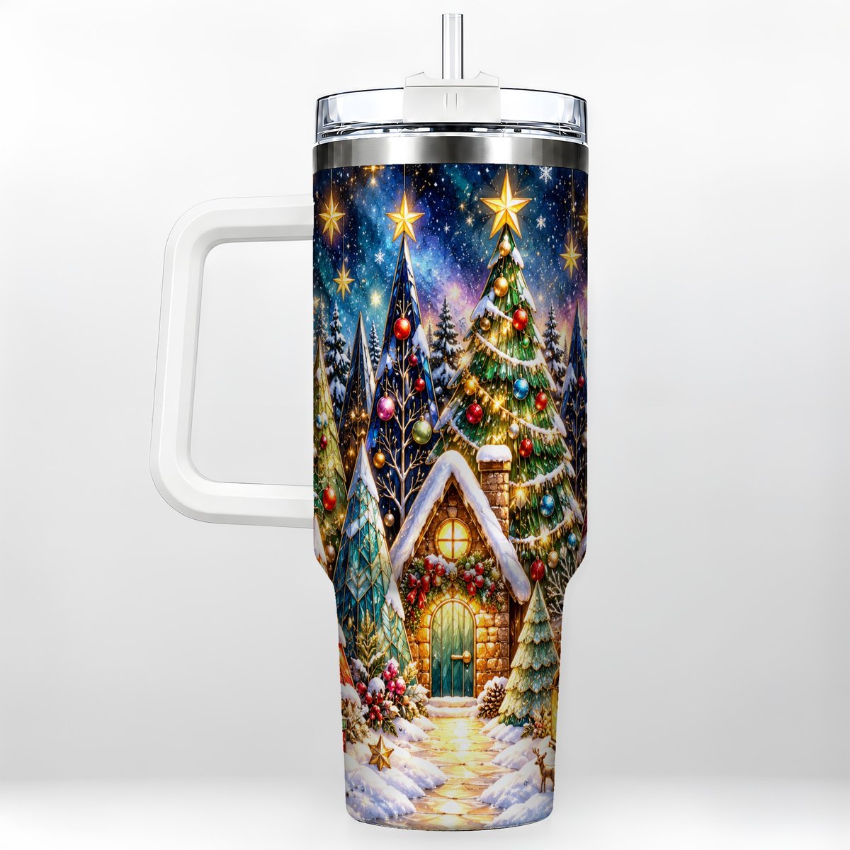 Christmas Forest 40oz Tumbler with Handle, Snowy Cottage Art