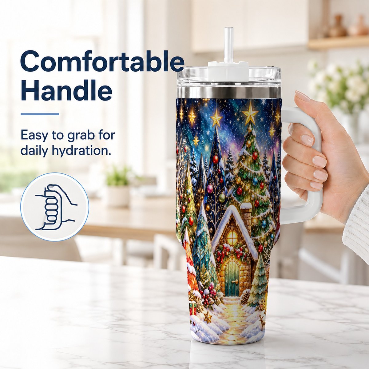 #pl[40oz|White] Christmas Forest 40oz Tumbler with Handle, Snowy Cottage Art