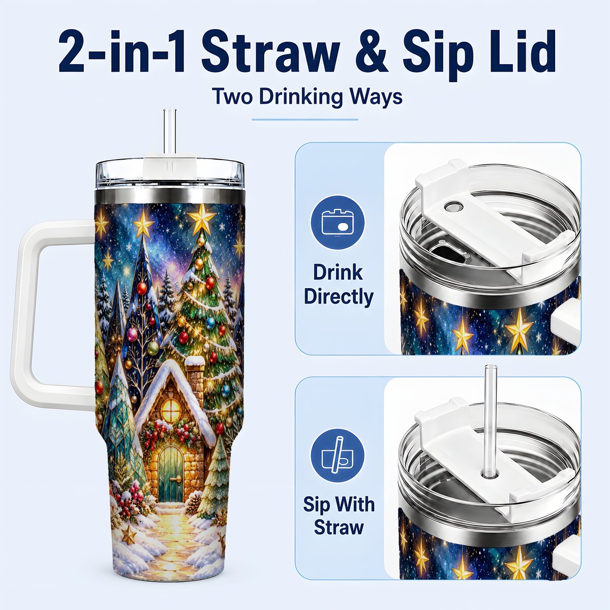 #pl[40oz|White] Christmas Forest 40oz Tumbler with Handle, Snowy Cottage Art