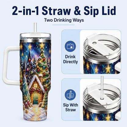 #pl[40oz|White] Christmas Forest 40oz Tumbler with Handle, Snowy Cottage Art