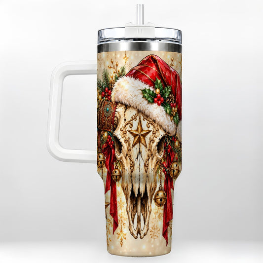 Western Christmas 40oz Tumbler with Handle, Festive Longhorn Skull