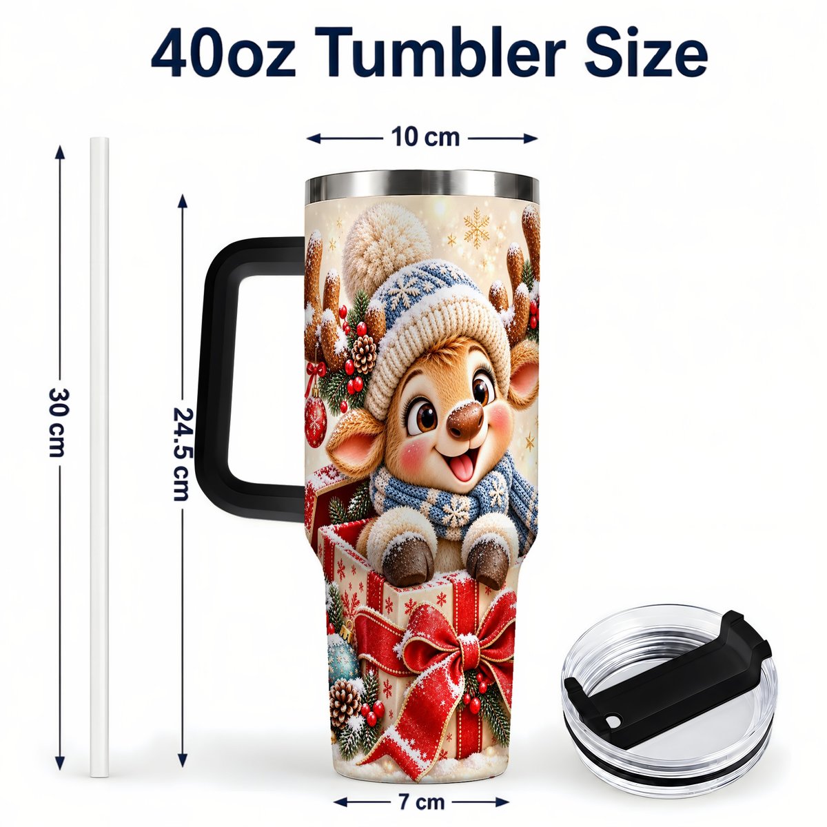 #pl[40oz|Black] Cute Reindeer 40oz Tumbler with Handle, Christmas Deer Art