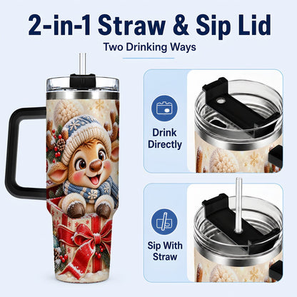 #pl[40oz|Black] Cute Reindeer 40oz Tumbler with Handle, Christmas Deer Art