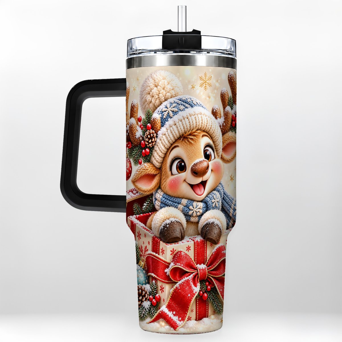 #pl[40oz|Black] Cute Reindeer 40oz Tumbler with Handle, Christmas Deer Art