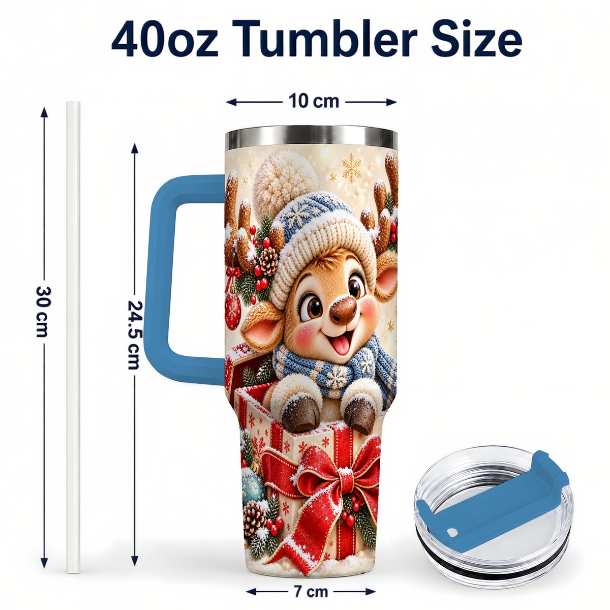 #pl[40oz|Blue] Cute Reindeer 40oz Tumbler with Handle, Christmas Deer Art