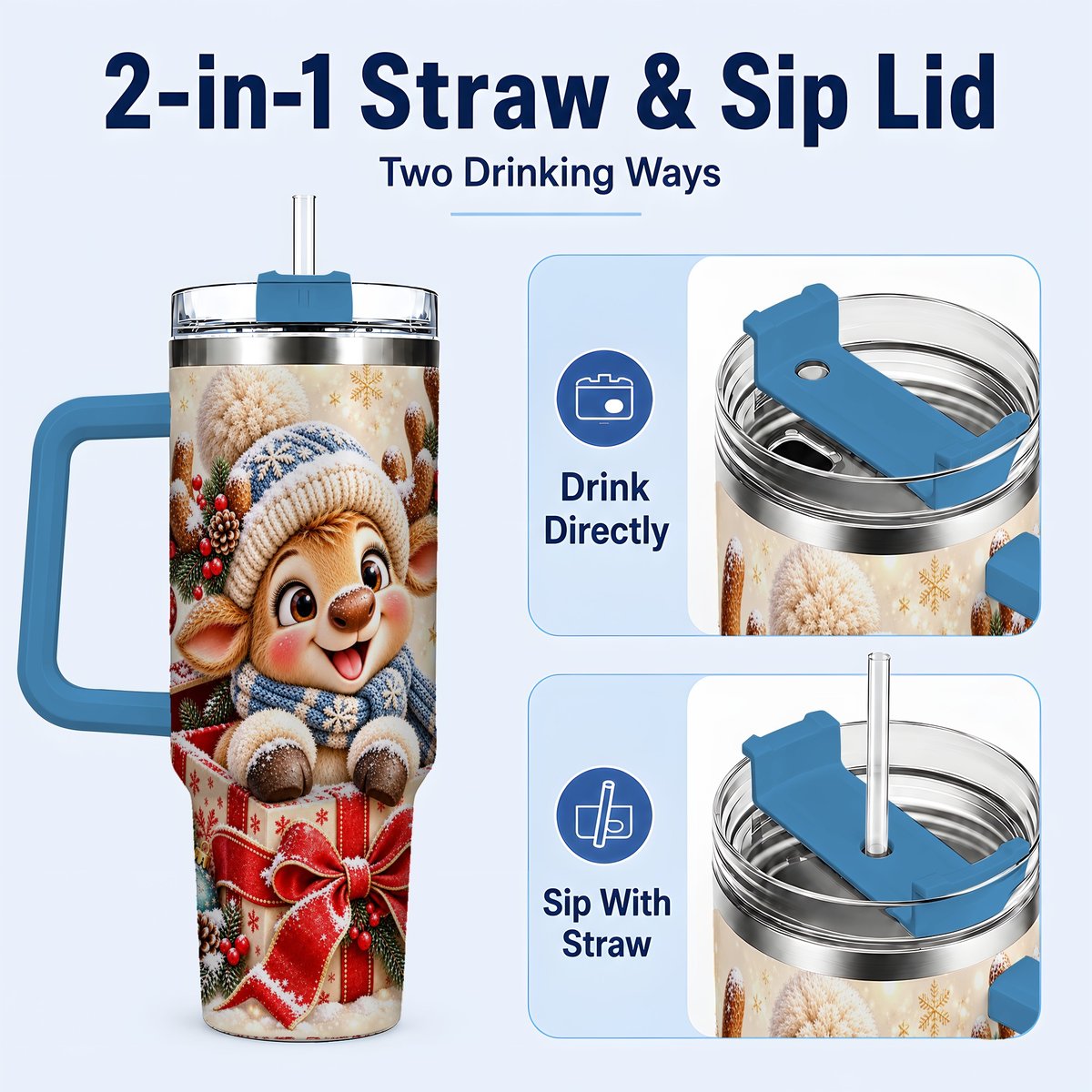 #pl[40oz|Blue] Cute Reindeer 40oz Tumbler with Handle, Christmas Deer Art