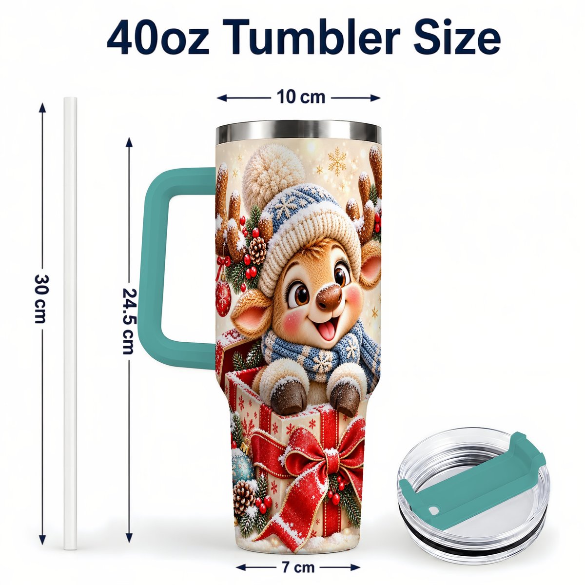 #pl[40oz|Green] Cute Reindeer 40oz Tumbler with Handle, Christmas Deer Art
