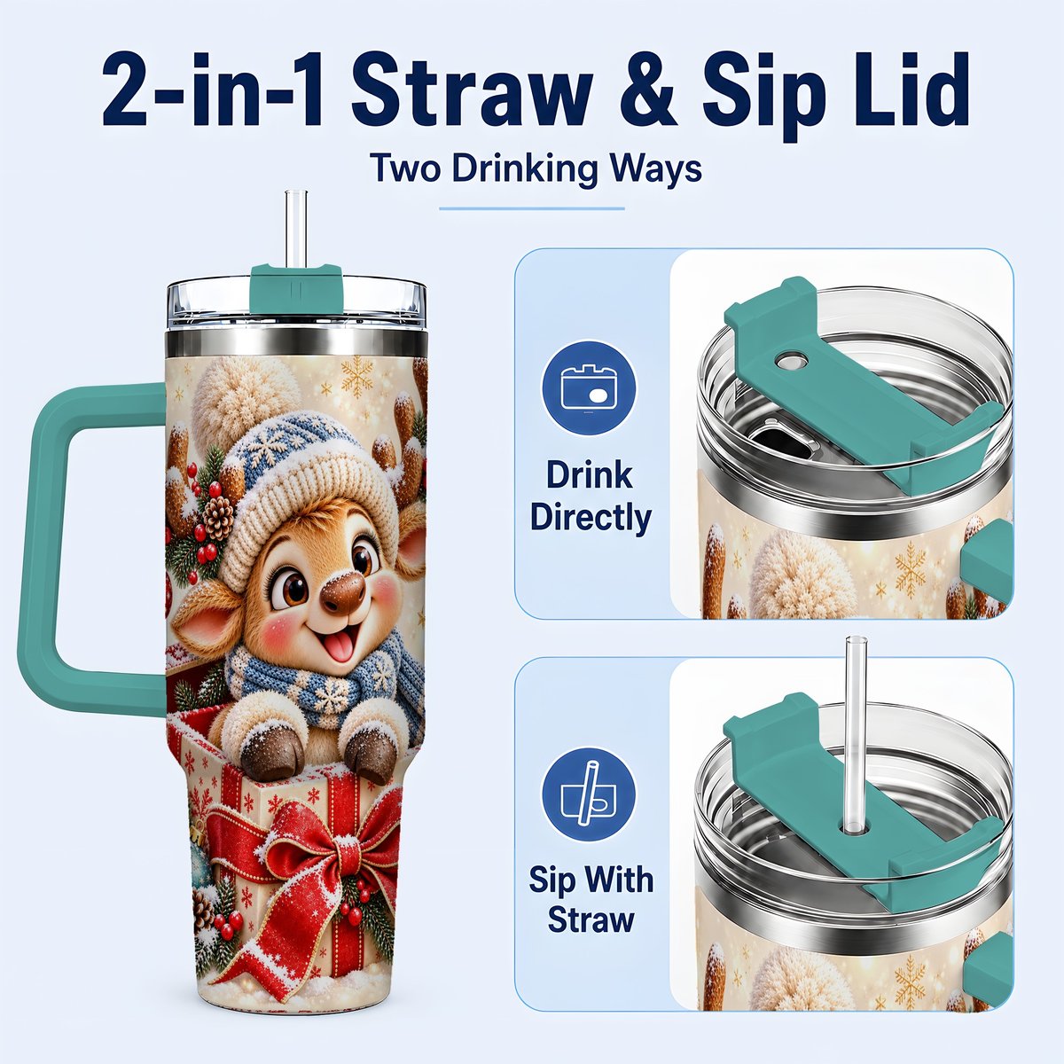 #pl[40oz|Green] Cute Reindeer 40oz Tumbler with Handle, Christmas Deer Art